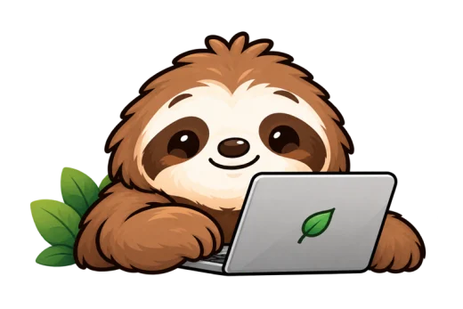Quotchi the sloth working at a laptop